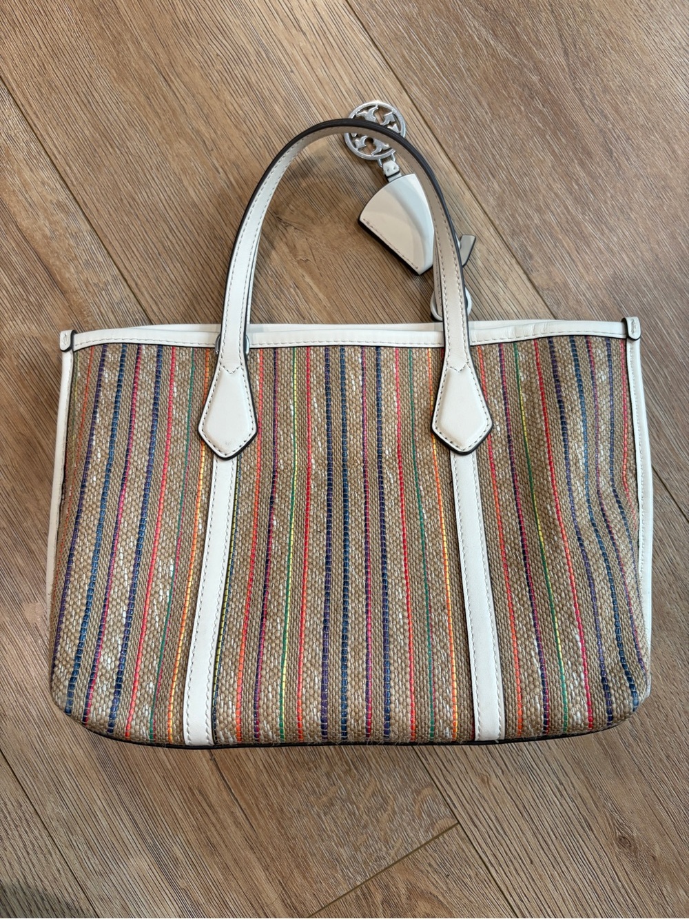 Tory Burch Small Perry Stripe Raffia Tote Multicolor Ivory Leather - Picture 10 of 12